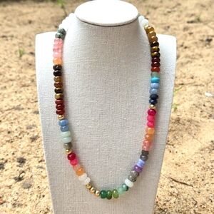 Handcrafted Rainbow Gemstone Candy Necklace Gold Hematite